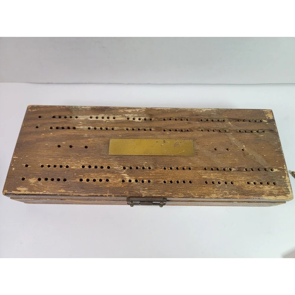Vintage Wooden Cribbage Board Domino Set w/ Storage Box Pegs 28 Dominoes